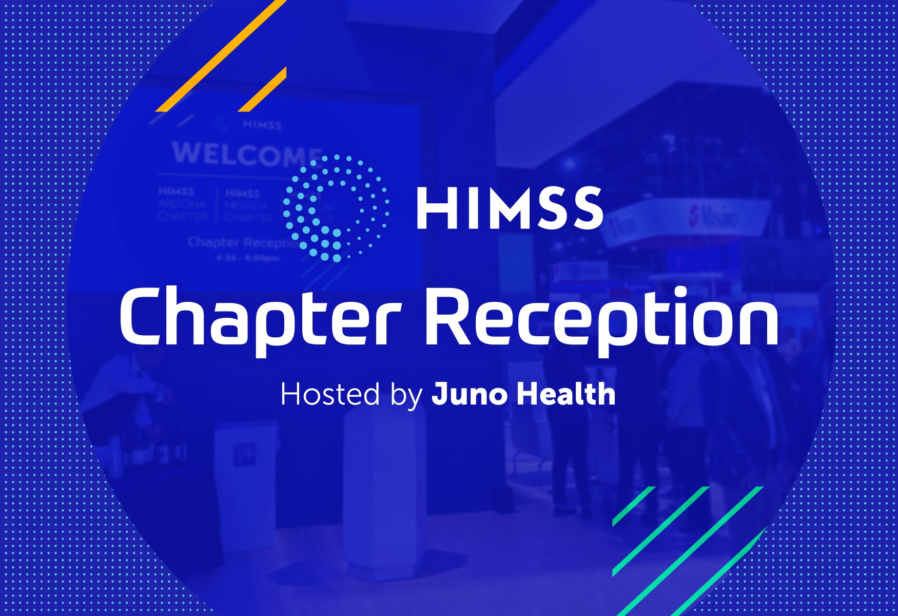 HIMSS24 Chapter reception on blue image of Juno Health's HIMSS 24 booth