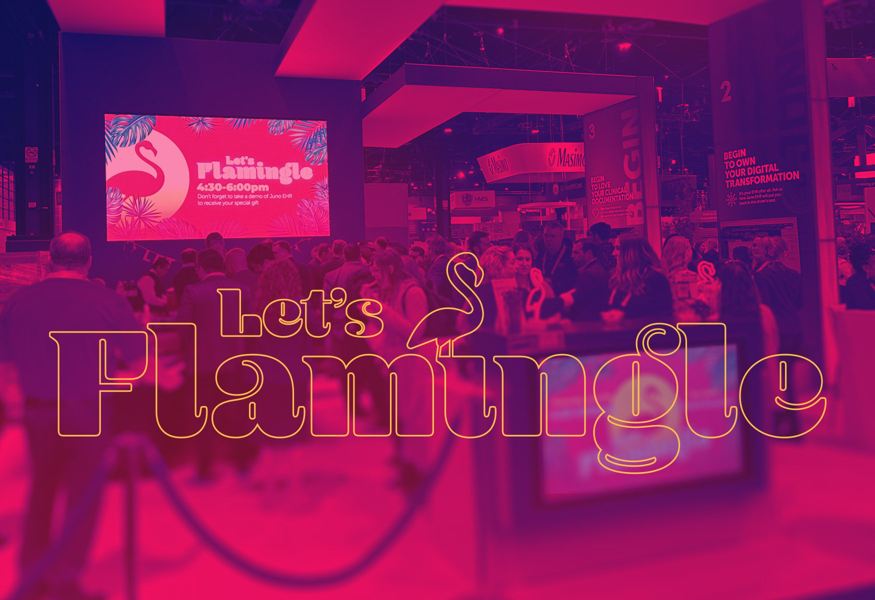Pink image of Juno Health HIMSS booth with Let's Flamingle text